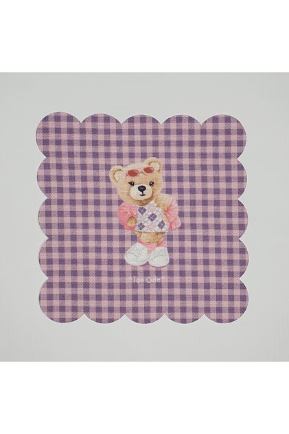 Lilac Gingham Ground Cool Teddy Bear Patterned Digital Printed Laser Cut Cocktail Napkin