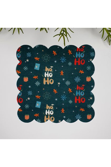 Petrol Green Background Ho Ho Ho Christmas Object Patterned Washable Fabric Napkin 1 Piece