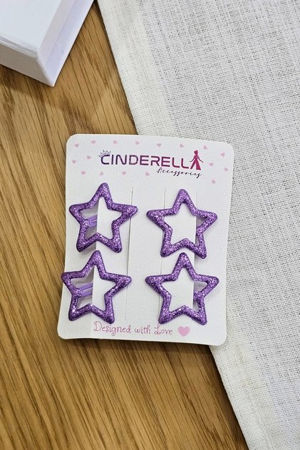 Set of 4 Glittery Purple Star Snap Hair Clips - Colorful Girls' Star Snap Side Hair Clips