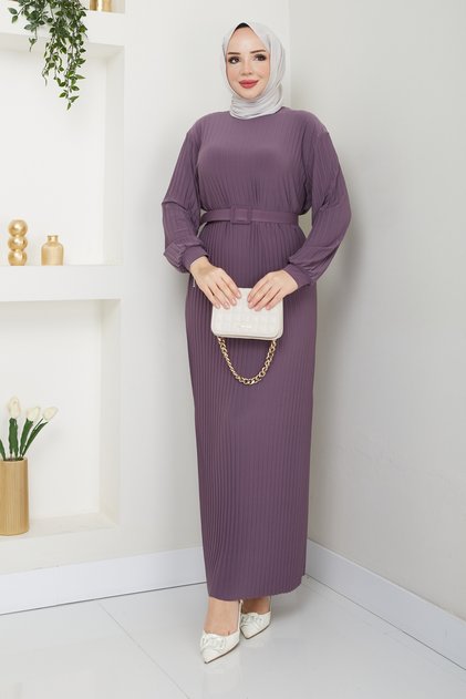 Women's Seasonal Belted Length Pleated Candy Fabric Dress
