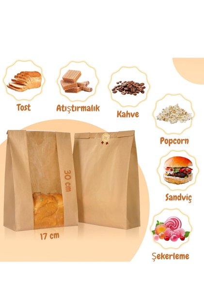 100 Adet 21x30 Pencereli Kraft Kese Kağıdı Gıdaya Uygun Poğaça Tost Sandviç Simit Kağıdı