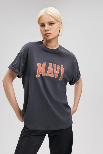 Mavi Logo Baskılı Koyu Gri Tişört Oversize / Geniş Kesim 1600843