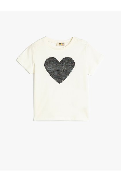 T-Shirt Sequined Sequined Heart Crew Neck Βαμβακερό