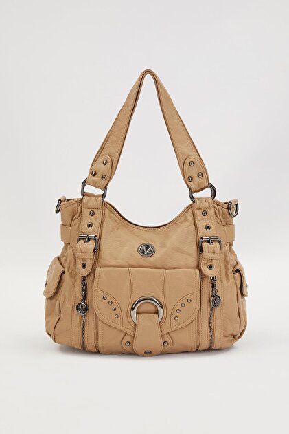 Coffee Eyelet Detailed Shoulder Bag
