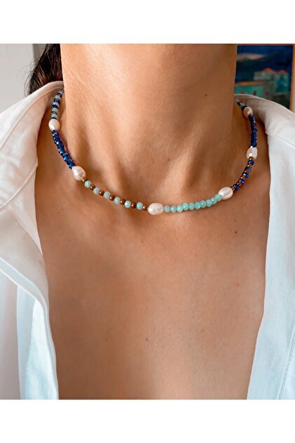 Kadın Yazlık Inci Kristal Ve Hematit Taşlı Kolye( Gerçek Inci Tatlısu Incisi ) 38 Cm Choker