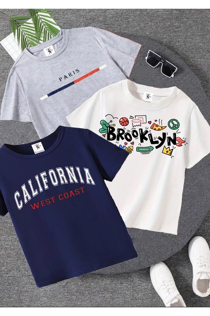 California Printed 3 Pack Unisex Navy-White-Grey Kids T-Shirt