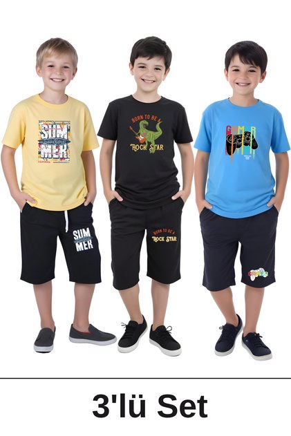 3-Piece Born Rock-Sum Surf-Gamer Printed Boys' Short Sleeve Double Pocket Capri Bottom-Top Suit