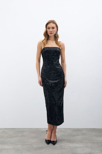 Velvet Sequined Long Dress - Black