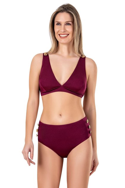 Women's High Waist Button Accessory Claret Red Bikini Set