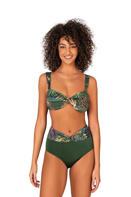 Women's Green Leaf Patterned Glittery High-Waist Bikini Set