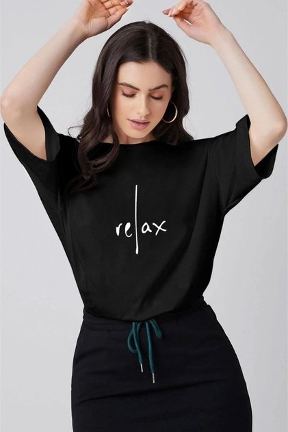 Qubo Women's Black Printed Oversize Tshirt