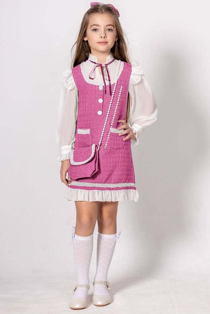 Girls' Pink Knitwear Dress with Ruffled Pearl Embroidered Double Pockets with Chiffon Hem Sleeves and Collar