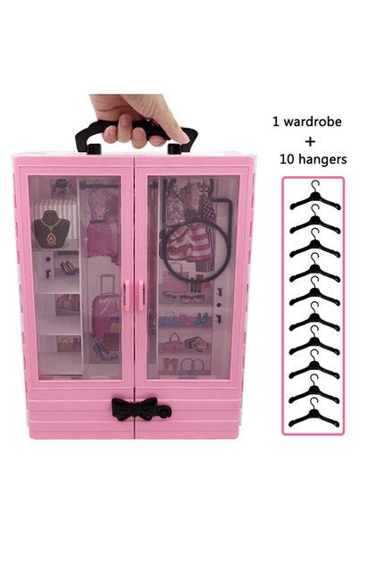 11Pcs Closet Sets Pink Wardrobe with 10pcs Hangers Playset Doll Accessories Fashion Fold-out Rack Po