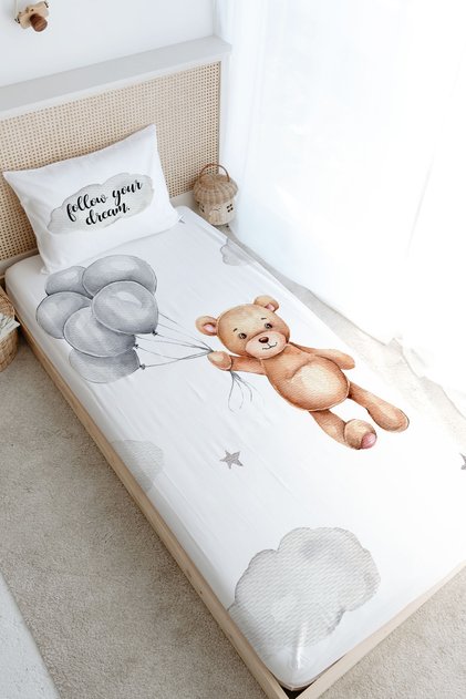 Single Fitted Sheet Set - Iconic Series - Bear Holding Balloons