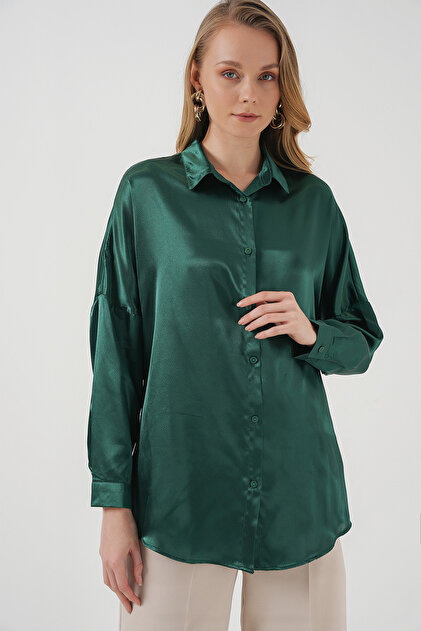 slim fit dress slacks Satin-Silk Emerald Green Classic Fit Charmeuse Silk Shirt – camixa.com main image 1