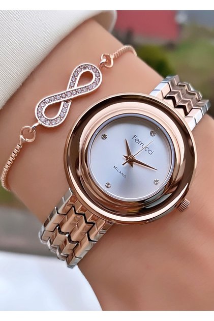 Ferruci Brand Rose Silver Color Steel Cord Women's Wristwatch - Bracelet Gift