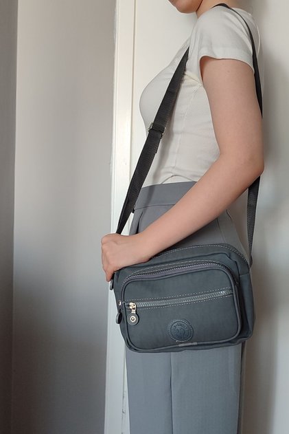 Gray Multi-Compartment Water-Resistant Crinkle Fabric Shoulder and Crossbody Women's Bag