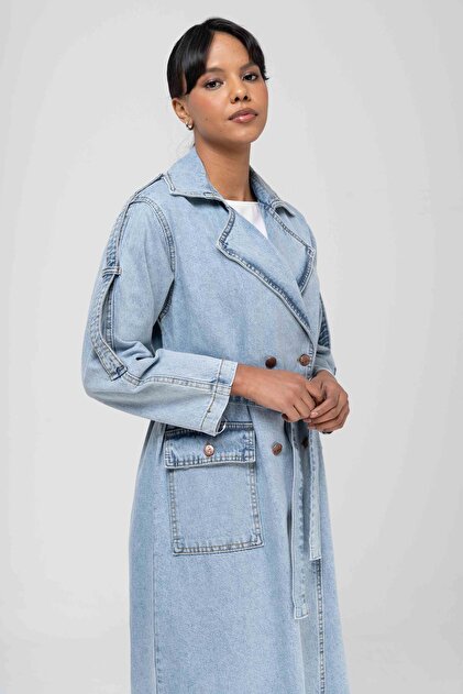 Olcay Kruvaze Apolet Detaylı Oversize Denim Trençkot MAVİ 6592