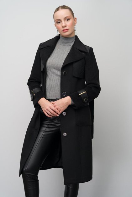Men's Collared Leather Cape and Garni Detailed Coat Black 3083