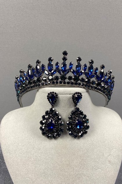 Navy Blue Pedro Stone Bridal Henna Crown and Shuttle Earring Set