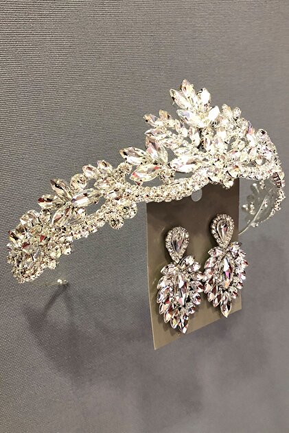 Silver Color Crystal Stone Henna, Bridal Crown and Earring Set