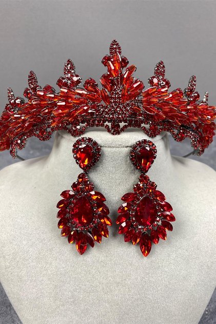 Red Lena Crystal Bridal Henna Crown and Jewelled Earring Set