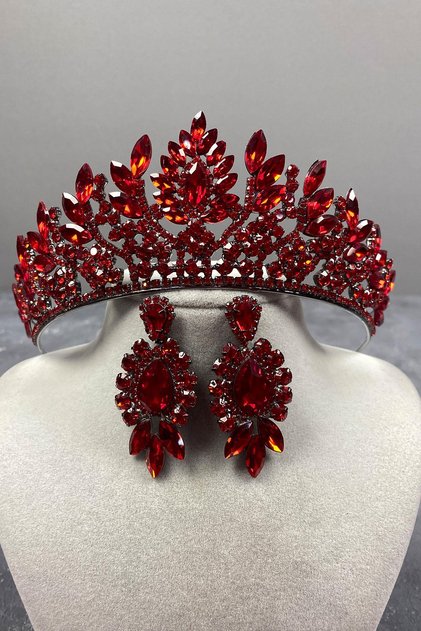 Red Danver Stoned Bridal Henna Crown and Evening Dress Earring Set