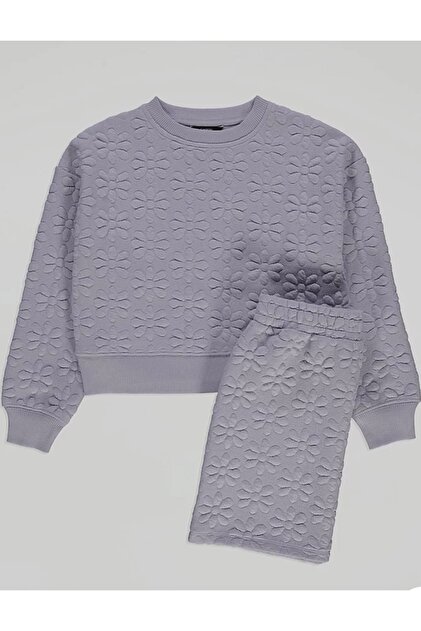 Leylak Kabartmalı Papatya Sweatshirt ve Etek Takımı