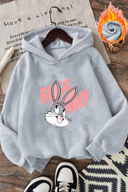 bugs bunny tavşan ön baskılı gri oversize kapşonlu sweatshirt hoodie