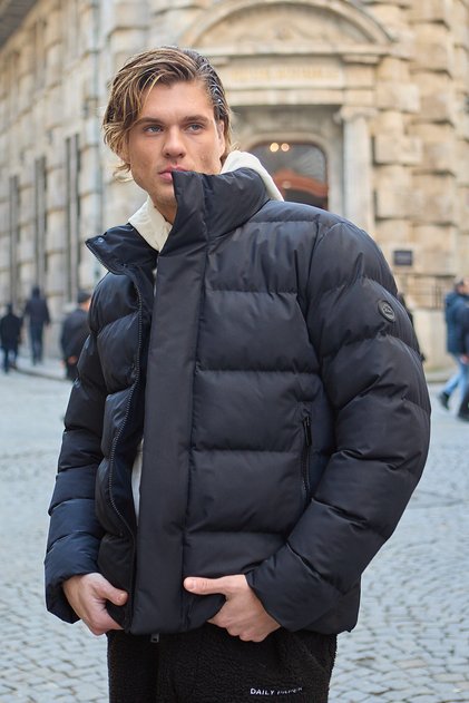 Men's Stand Collar Rain and Windproof Puffer Coat Black