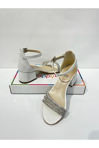 Girl's Evening Dress Shoes Cream Mother-of-Pearl Rhinestone 3 Band Graduation-Wedding Heeled Girl's Evening Dress Shoes