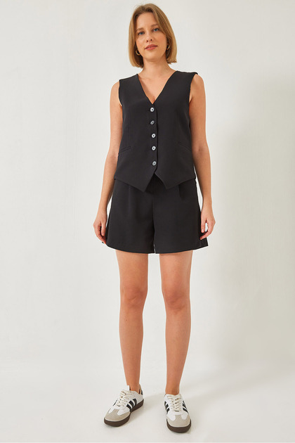 Set de pantaloni scurți și vestă neagră cu decolteu în V pentru femei 60316 60271017