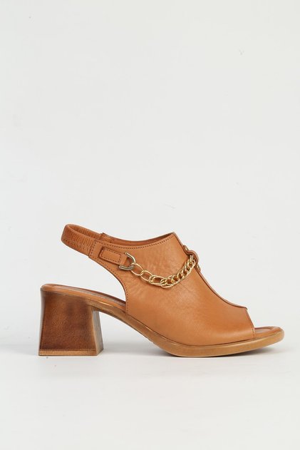 Genuine Leather Tan Women's Heeled Slippers Pc-54632