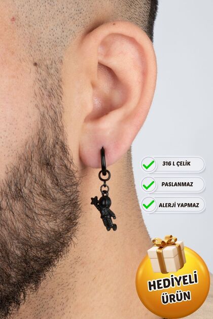 Men's Unisex Steel Dangle Astronaut Earrings, Does Not Rust or Tarnish