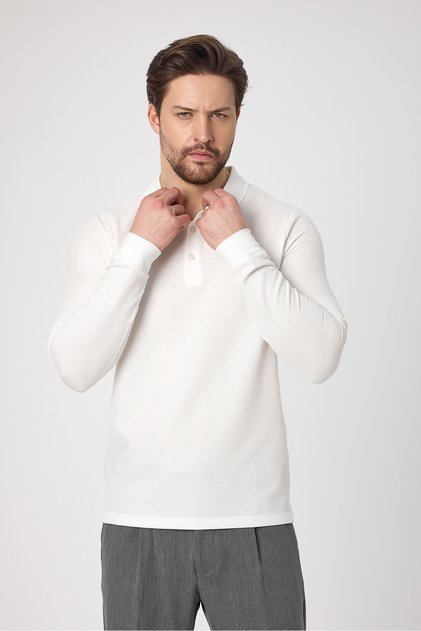 Lewin Erkek Ekru %100 Pamuk Waffle Çekmeyen Esneyen Kumaş Slim Fit Uzun Kol Polo Tişört
