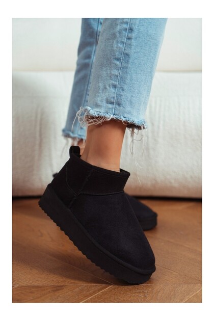 Mini Black Suede Ankle Boots with Furry Inside Flat Sole Women's Shoes