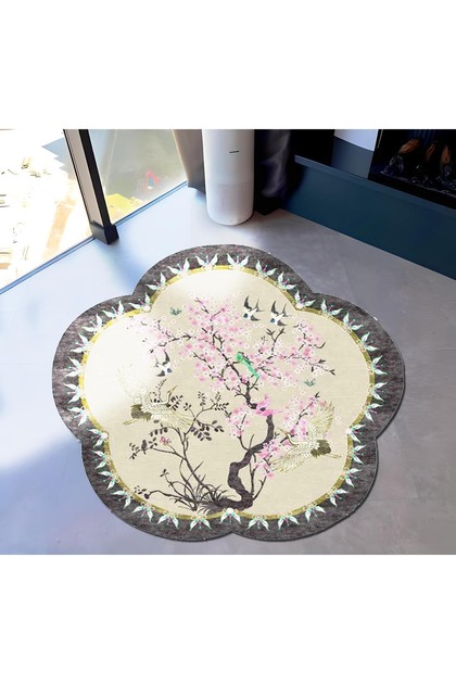 Sun Collection Sakura Flower Patterned Round Woven Base Modern Decorative Carpet Sun32