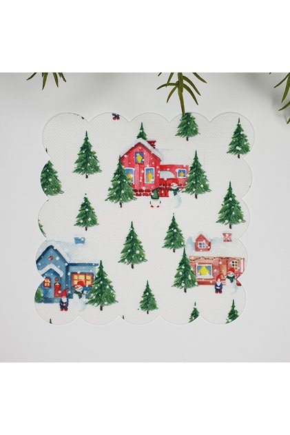 Watercolor Houses and Pine Trees Pattern Laser Cut Fabric Cocktail Napkin 1 Piece