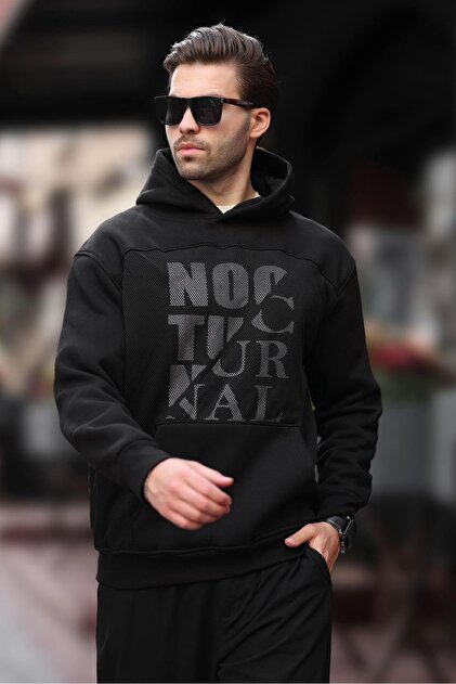 Madmext Siyah Baskılı Kapüşonlu Cep Detaylı Erkek Sweatshirt 7062