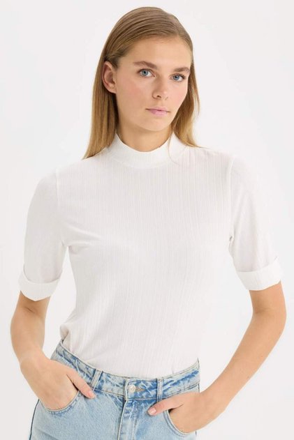 Regular Fit Half Turtleneck Ribbed Camisole Basic Plain Short Sleeve T-Shirt B1177Ax25Sp