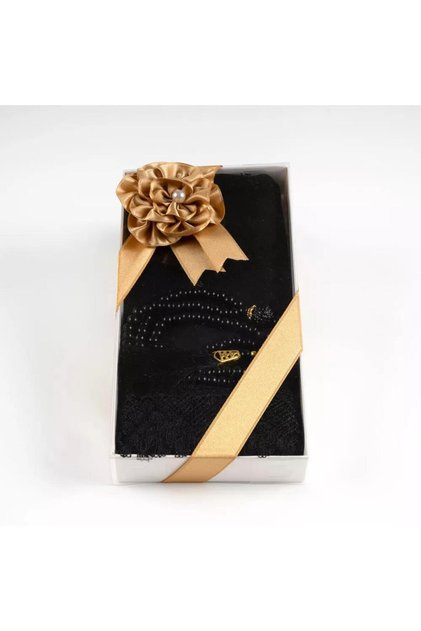 Black Lace Edged Shawl and Pearl Prayer Beads Gift Set - Special Boxed, Elegant Hijab Accessory