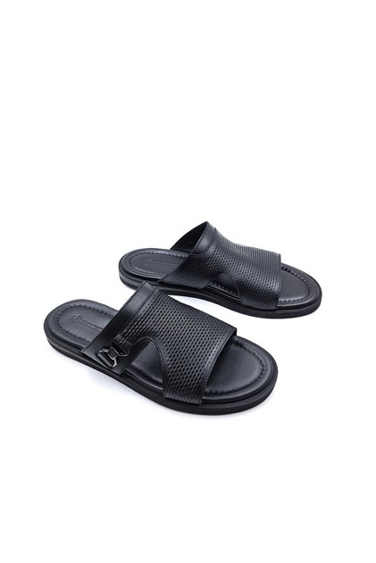 Lightweight Design Comfort Straw Pattern Print Genuine Leather Black Men's Slippers