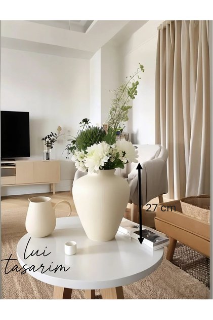 İskandinav Tarzı Bohem Trend 24 Cm Sade Dekoratif Antik Beyaz Seramik Vazo