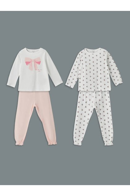 Lcw Baby White Crew Neck Printed Girls' Pajamas Suit 2-Piece