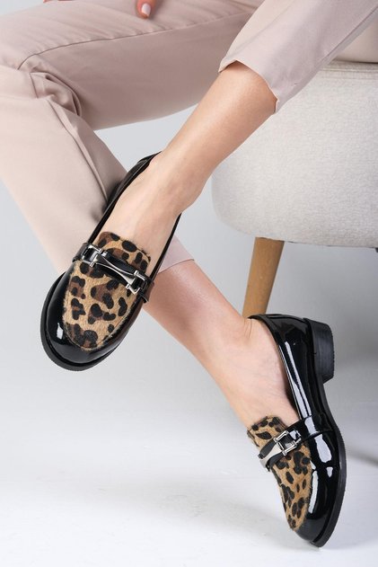 Black Color Patent Leather and Leopard Pattern Women's Casual Oxford Flat Shoes