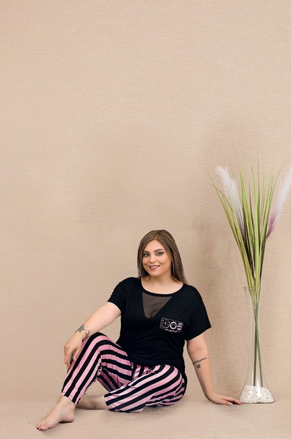 Women's Oversize Pajamas Set with Short Sleeve Cotton Collar Detail