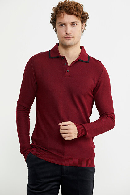Polo Collar Buttoned Knit Sweater - Burgundy