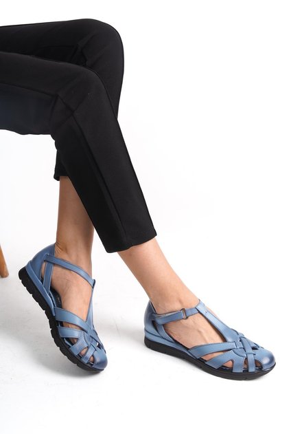 Sandale de damă de zi cu zi, din piele naturală, lucrate manual, albastru denim