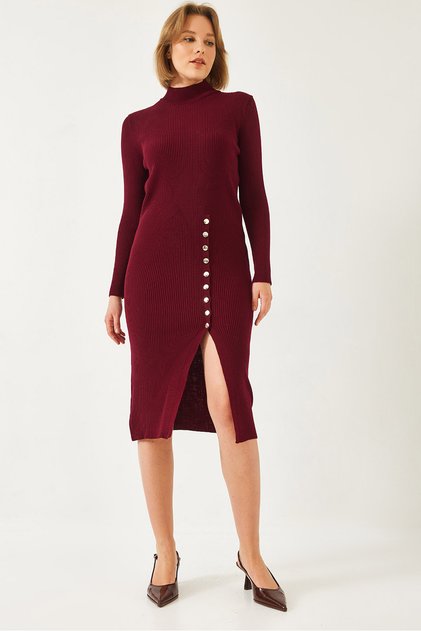 Women's Burgundy Corded Buttoned Knitwear Dress 20247561