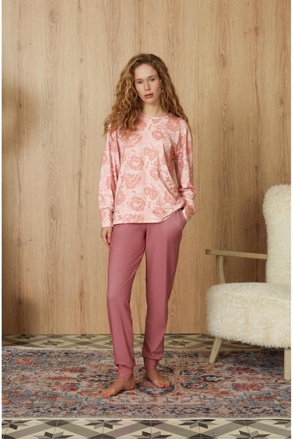 Women's Pink Floral Patterned T-Shirt Pajama Set 4134